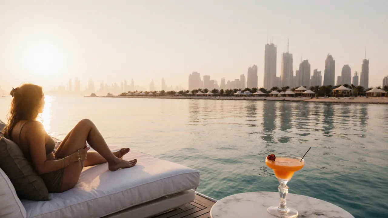Private yacht at sunrise off Palm Jumeirah, guests lounging on white cushions with cocktails as Dubai skyline glows.