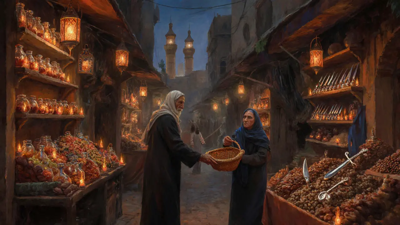 Quiet alley in Al Fahidi at night, lit by oil lamps as a vendor offers a handwoven basket.