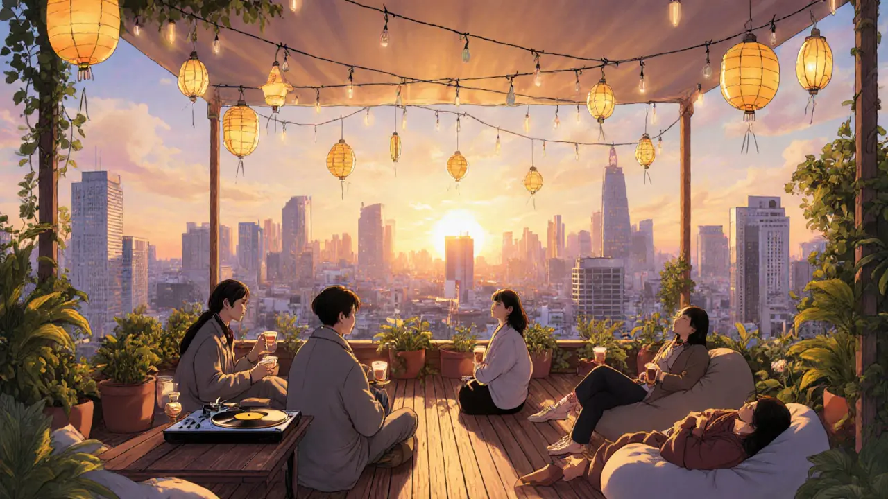 Rooftop garden party at dawn in Tokyo, guests sipping tea as the sun rises over the city skyline.