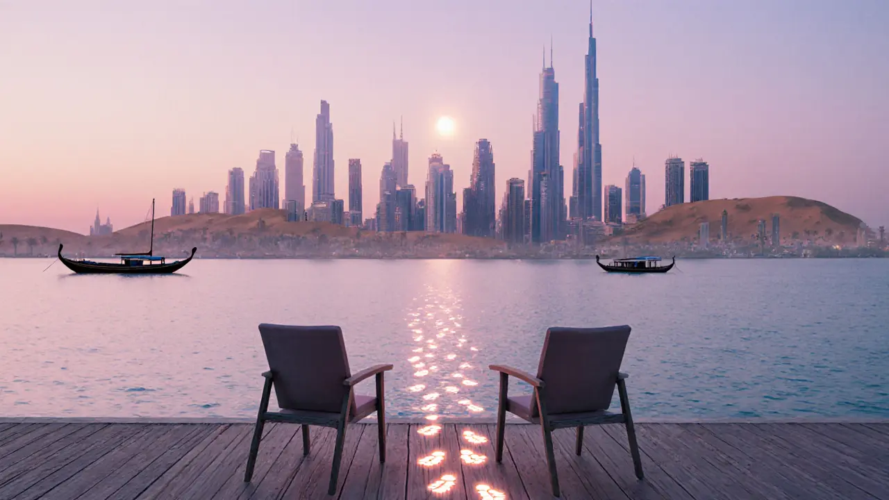 Silhouettes of Dubai&#039;s landmarks above empty chairs on the Marina, symbolizing a meaningful, unseen companionship at sunset.