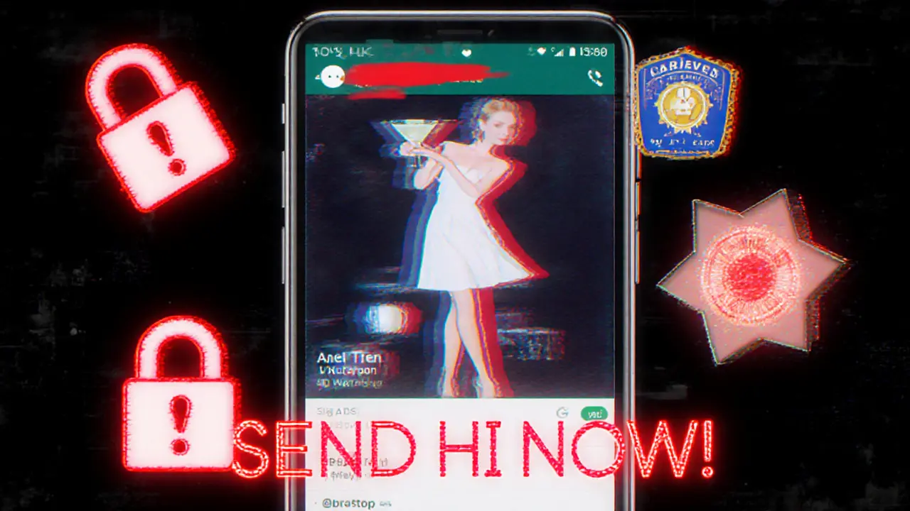 Smartphone screen displaying a scam WhatsApp message with warning symbols and deceptive text.