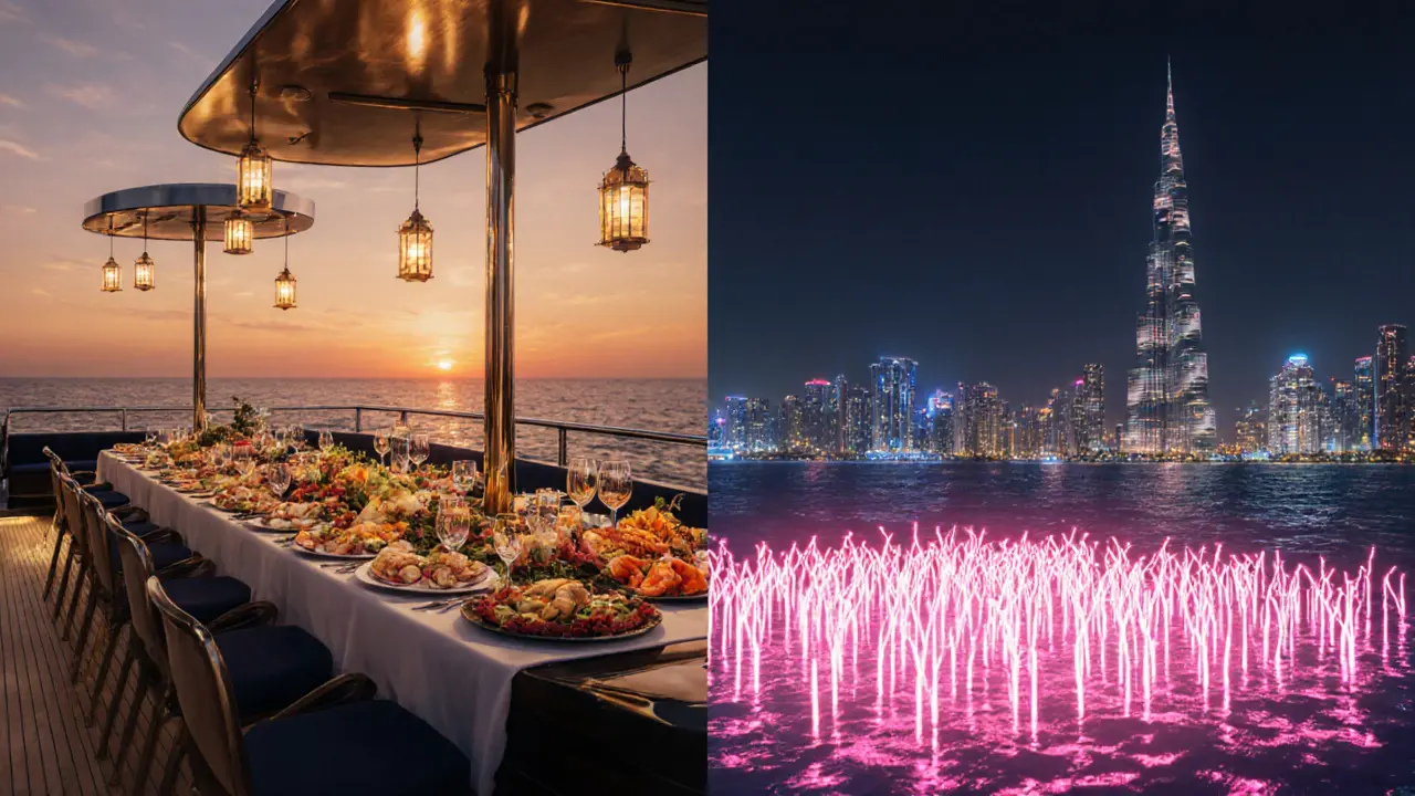 Split scene of a yacht evening: gourmet dinner transitions to a glowing dance party with glow sticks floating in the water.