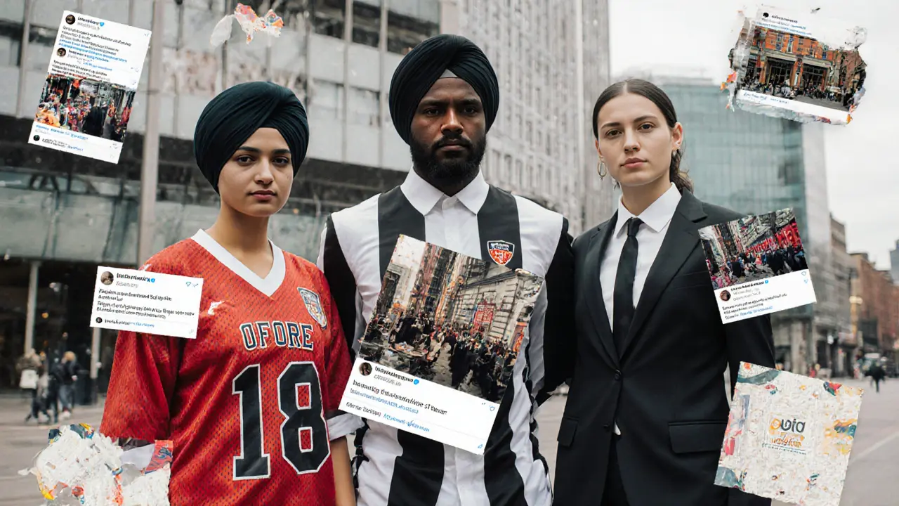 Three diverse models in culturally rich outfits at Fashion Week, surrounded by floating social media moments.