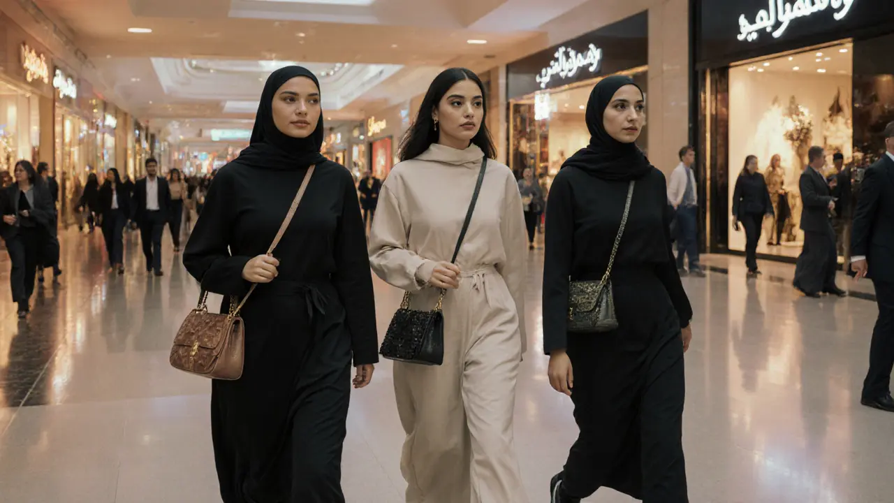 Three diverse women walking independently through a luxurious Dubai mall at dusk, dressed elegantly.