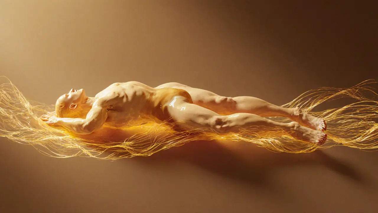 Two figures in gentle motion, connected by flowing oil and warm light, evoking deep relaxation and rhythmic touch.