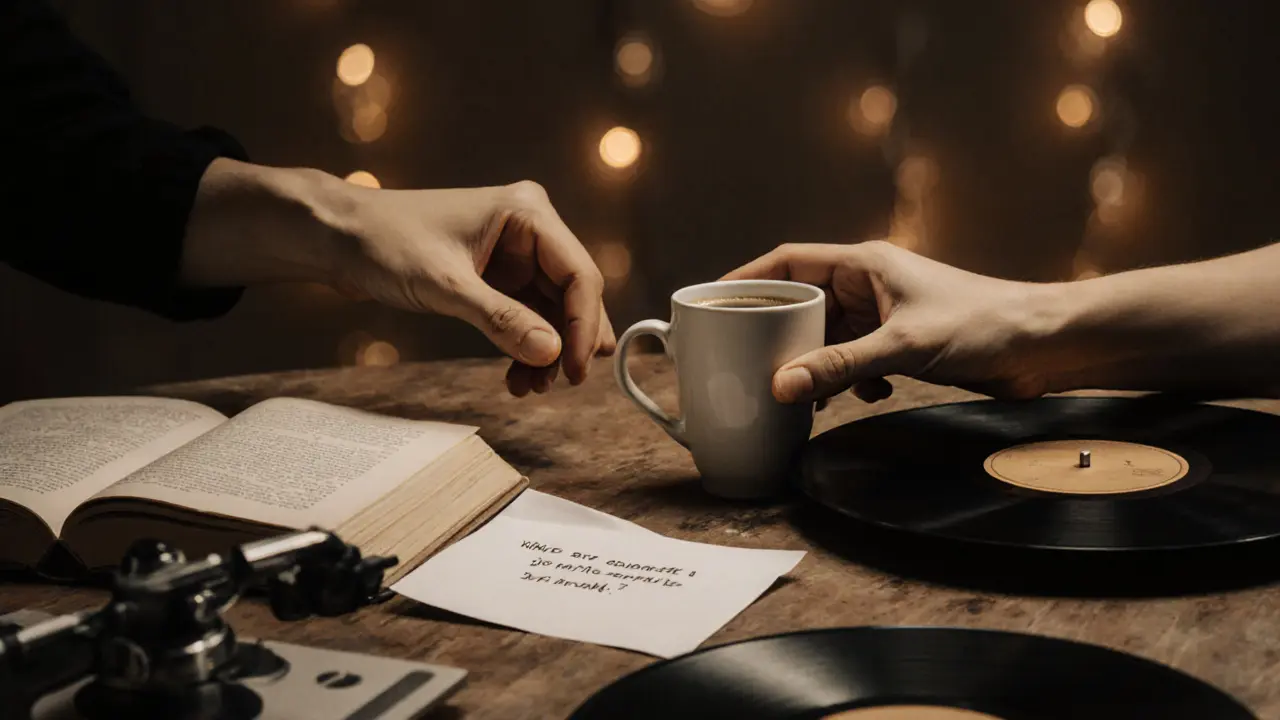 Two hands reaching across a table with coffee, a note, and vinyl records, symbolizing quiet connection.