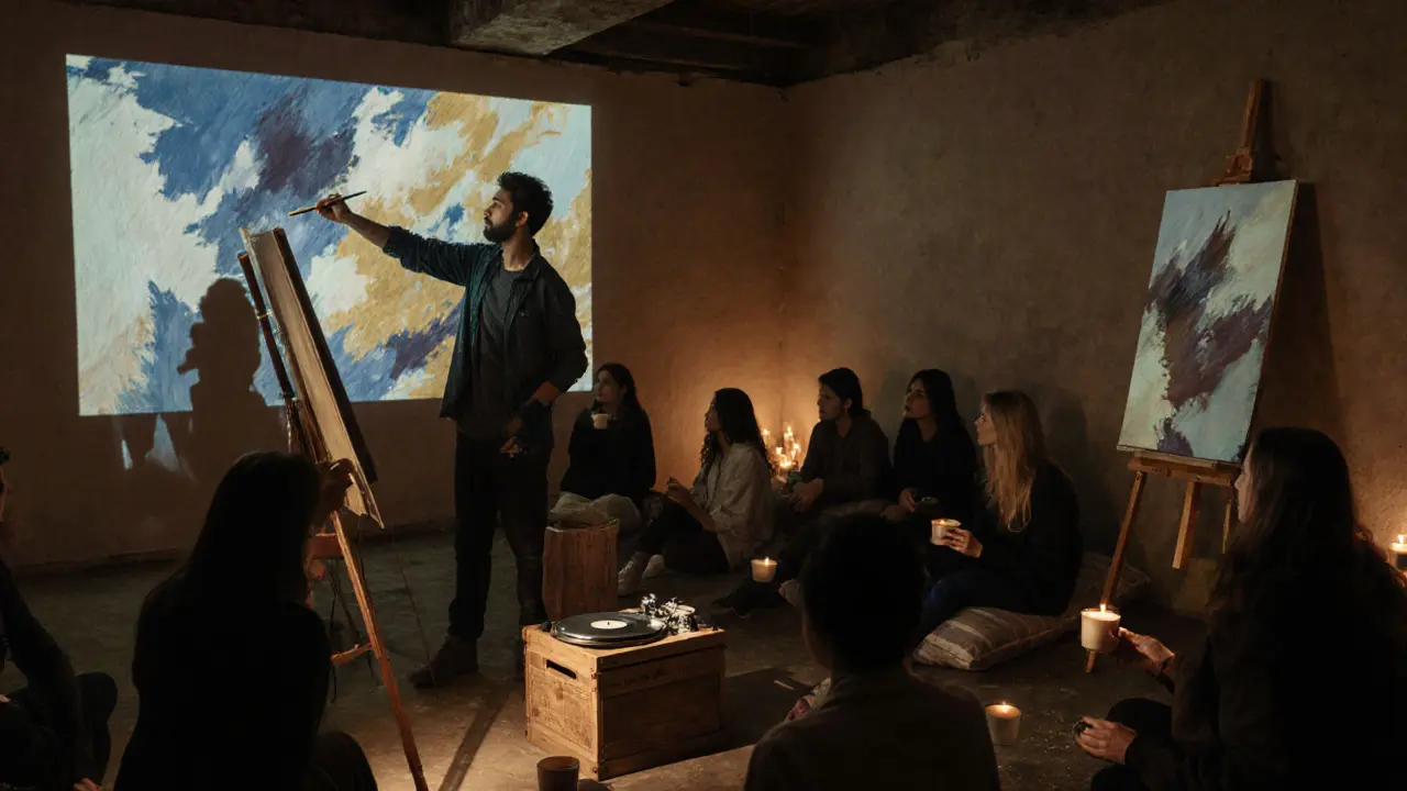 Underground art gallery after-party with projection-mapped walls and live painters, guests sipping tea in dim candlelight.