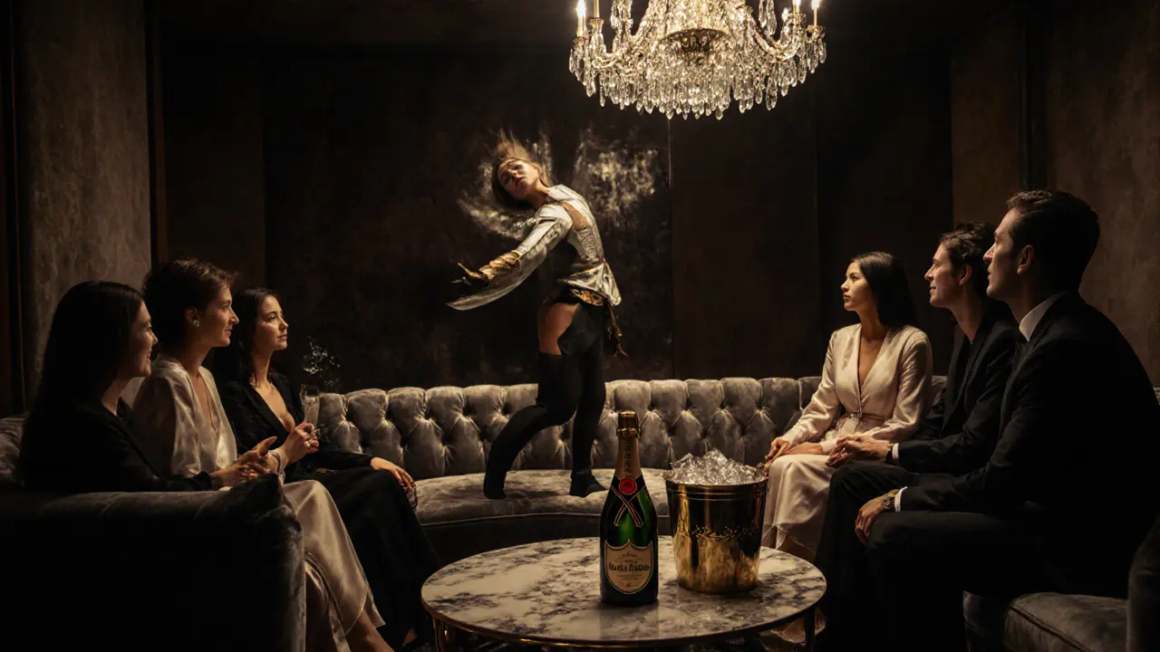 VIP private suite with a dancer in artistic costume and champagne on marble table, luxurious and quiet atmosphere.
