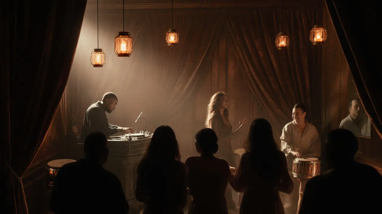 Xclusive club interior with dark wood, velvet drapes, and soft lantern light in a hidden Palm location.