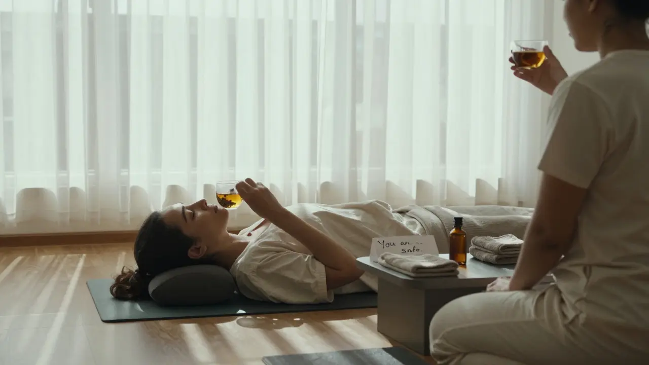 A client resting after a session, sipping tea in quiet peace, surrounded by simple, soothing elements in a private Dubai studio.