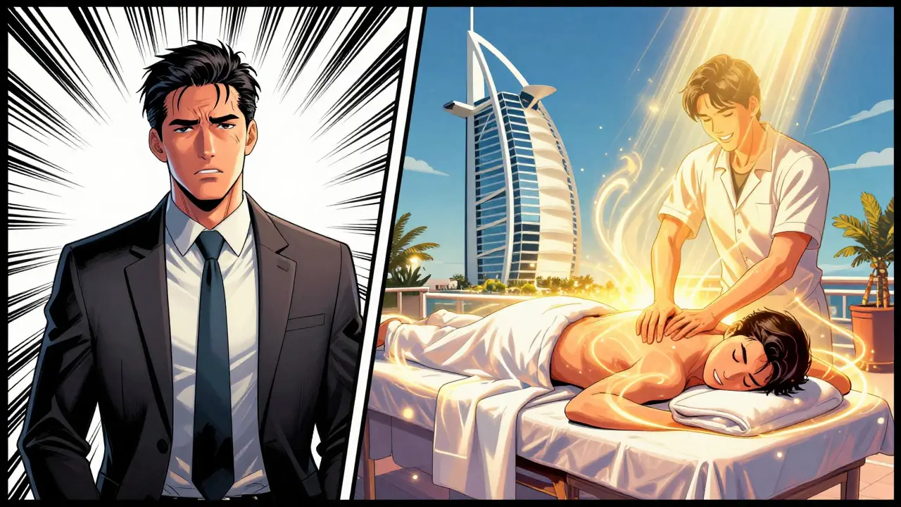 A comic-style transformation from stressed traveler to serene spa guest under golden Dubai light.