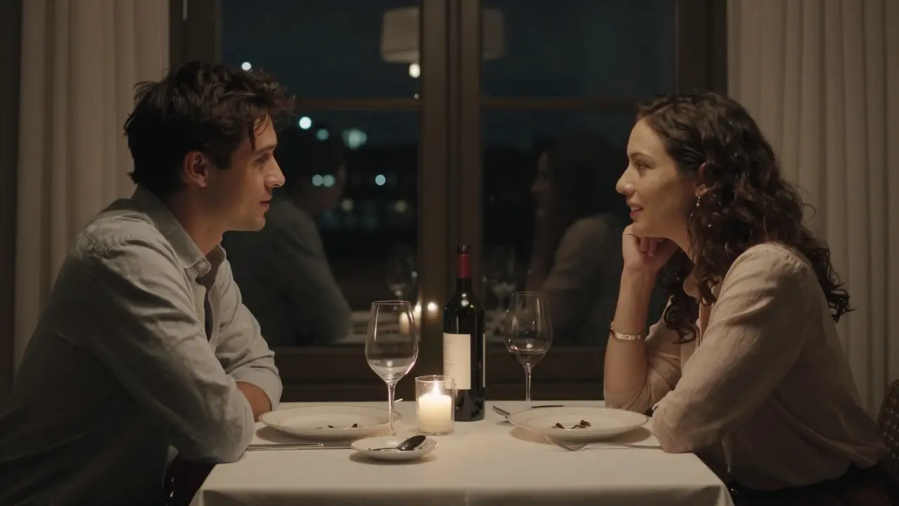A couple shares a candlelit dinner, the woman listening intently with warmth and attentiveness.