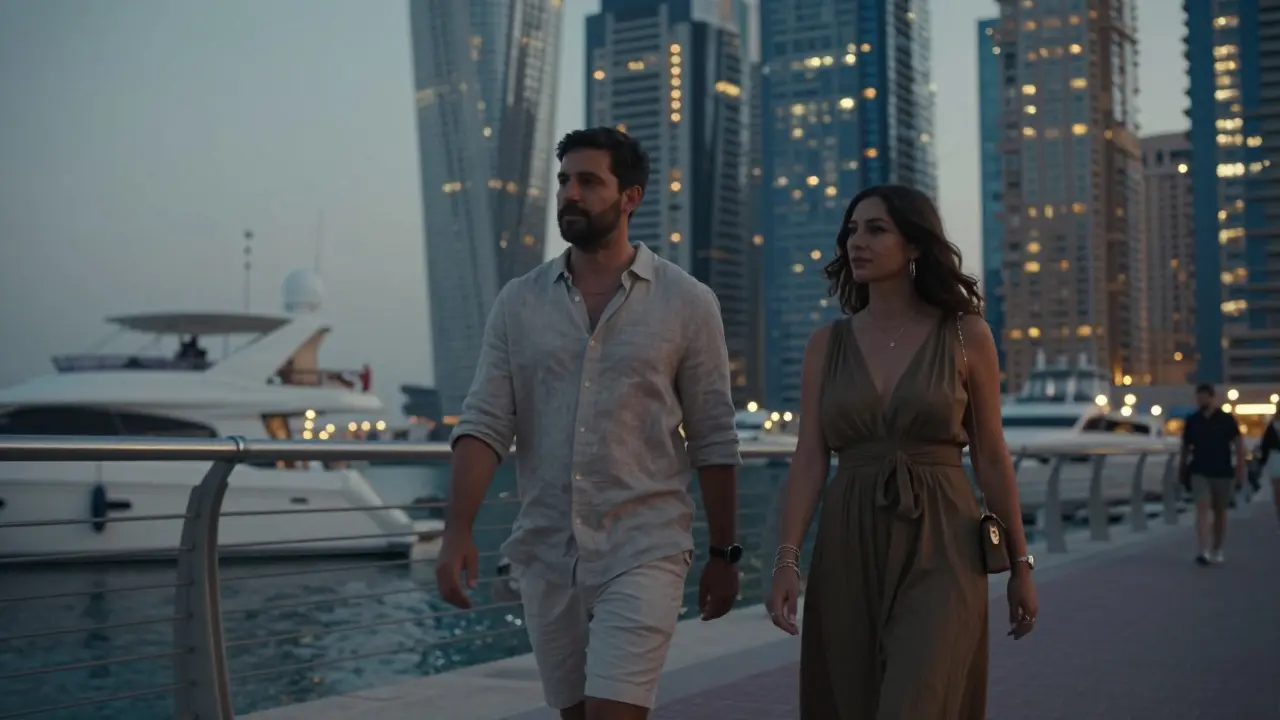 A couple walking peacefully along Dubai Marina at twilight, no physical contact, city lights reflecting on water.