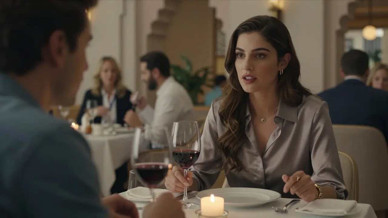 A Euro model and client having a quiet, intimate dinner at a luxury Dubai restaurant.