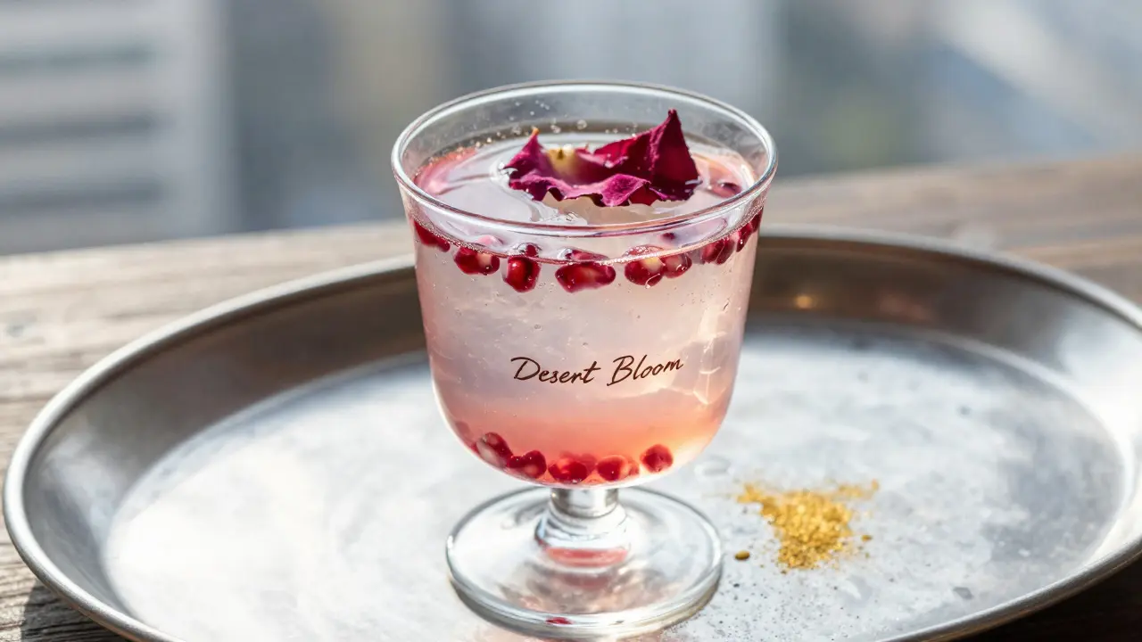 A floral-shaped cocktail with a dissolving rose petal, presented on a silver tray.