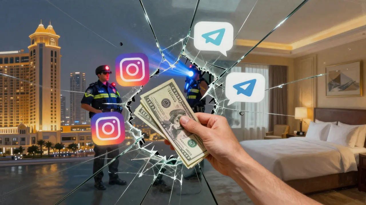 A fractured mirror shows Dubai's luxury, law enforcement, and loneliness, with a hand holding cash in the center.