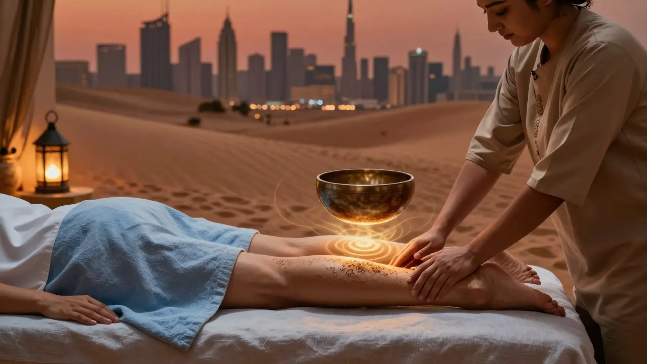 A fusion massage combining desert salt scrub and Tibetan singing bowls, with golden sound waves in a warm, ambient setting.