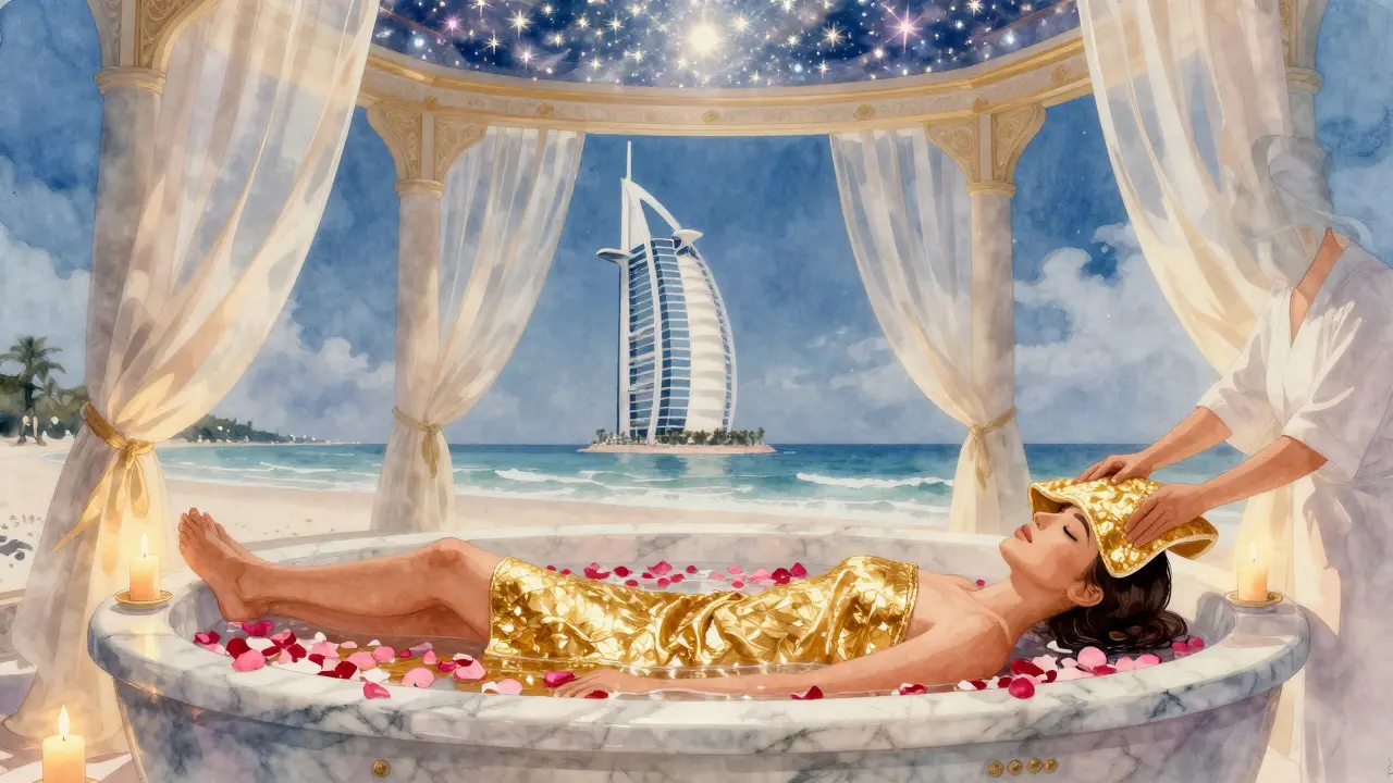 A guest relaxing in a rose petal bath with gold-infused water and candlelight.