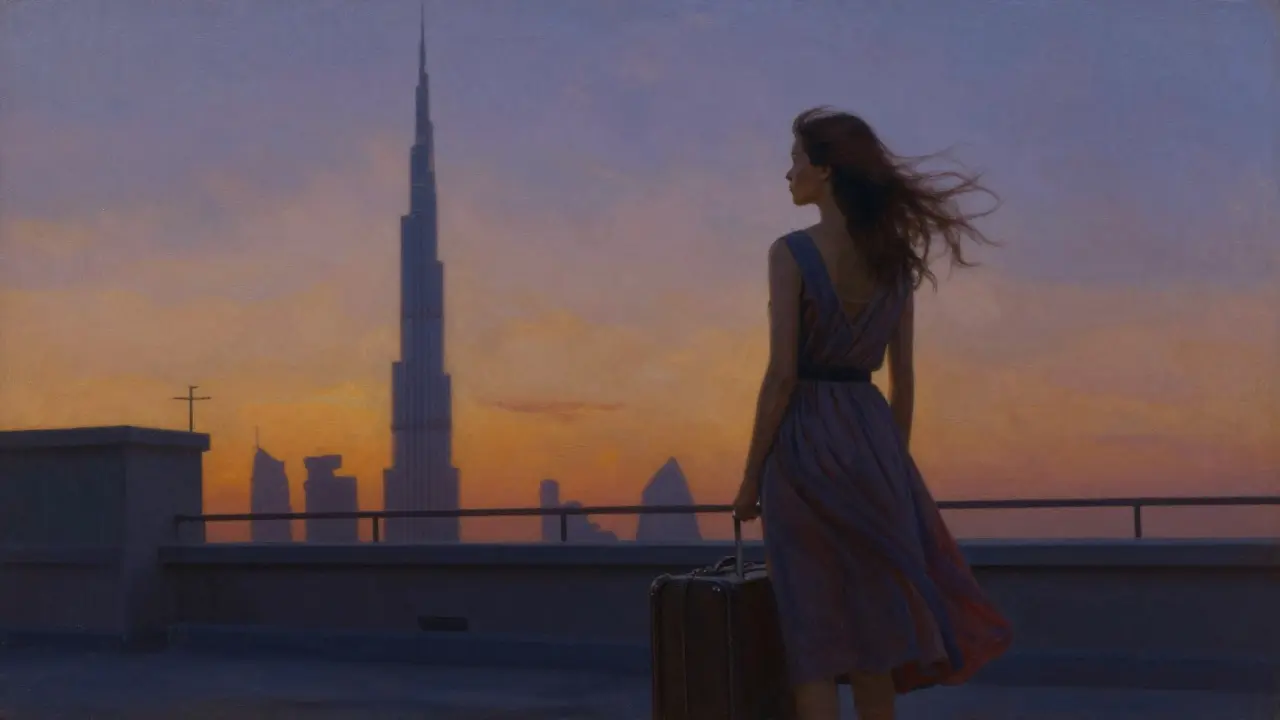A lone woman on a Dubai rooftop at sunset gazes at the Burj Khalifa, suitcase beside her, wind in her hair.
