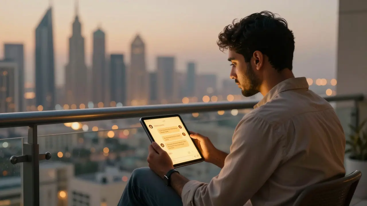 A lonely expat watches Dubai&#039;s skyline while chatting with an AI companion on a tablet.