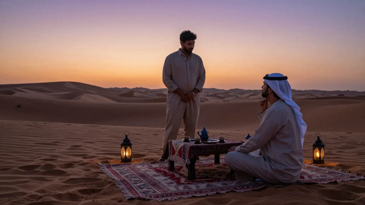 A male escort and client sharing a quiet desert picnic at sunset with lanterns and coffee.