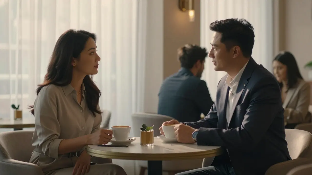 A man and woman have a calm, respectful conversation over coffee in an upscale Dubai café.