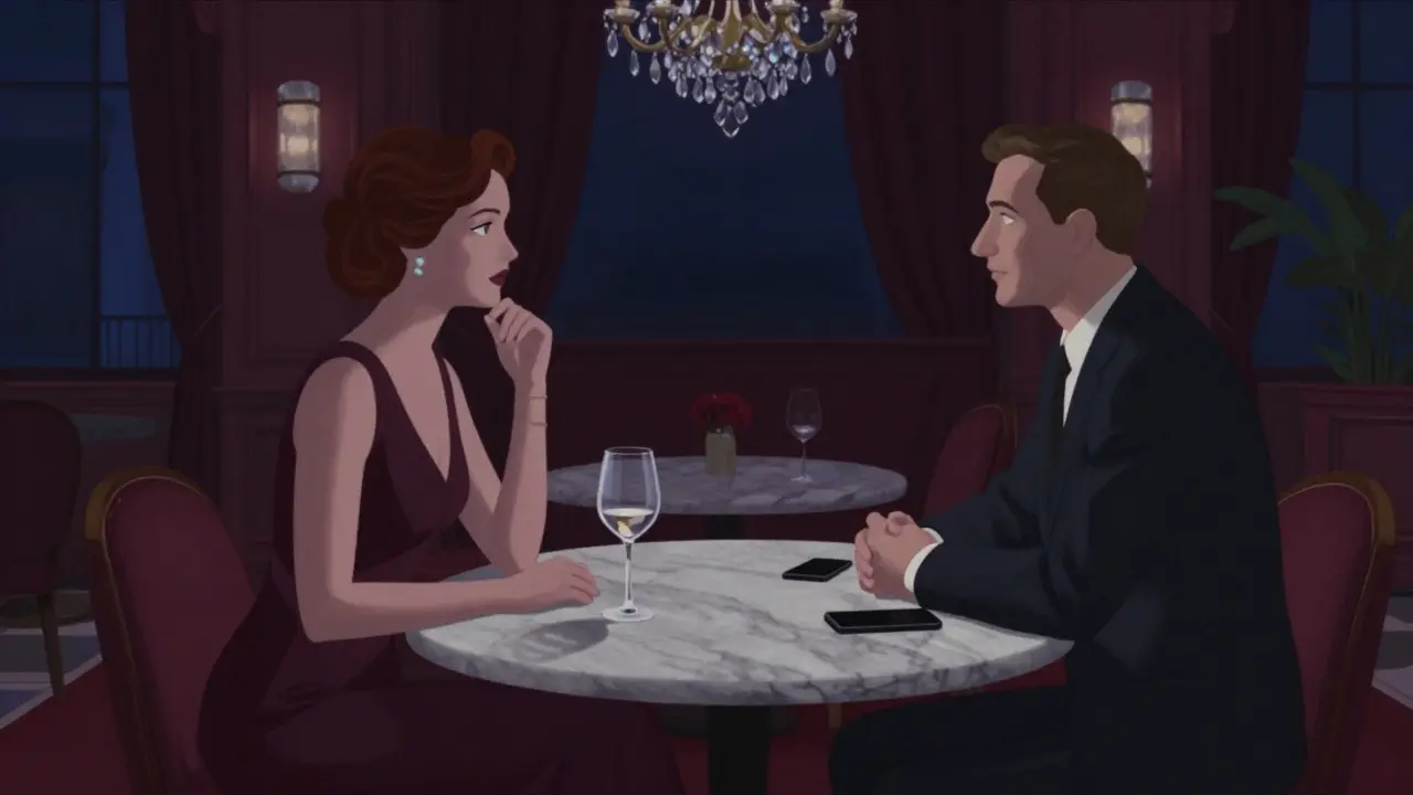 A man and woman in formal attire sit across from each other in a luxurious hotel lobby, conversation implied.