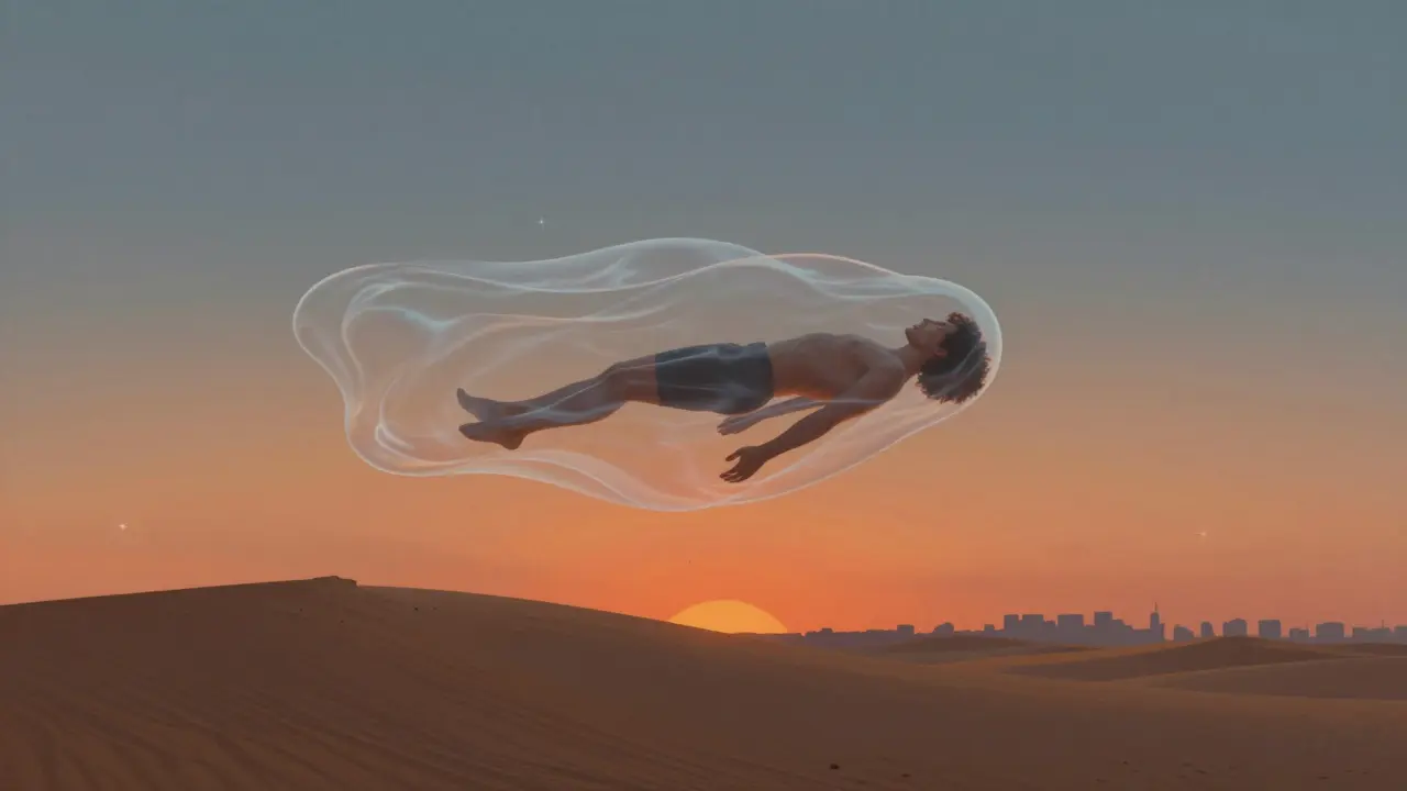 A person floating above desert dunes surrounded by glowing seaweed gel, symbolizing release and safety in Dubai.