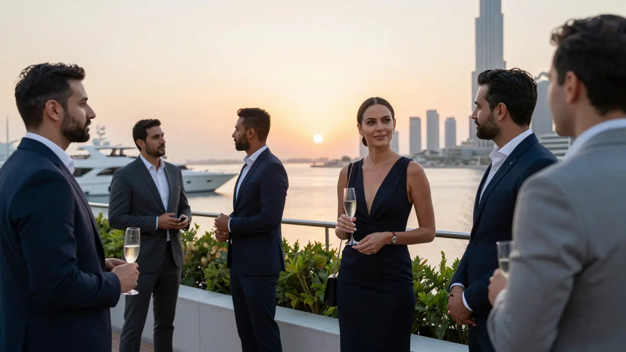 A professional escort engaging gracefully with business guests at a rooftop event in Dubai at sunset.