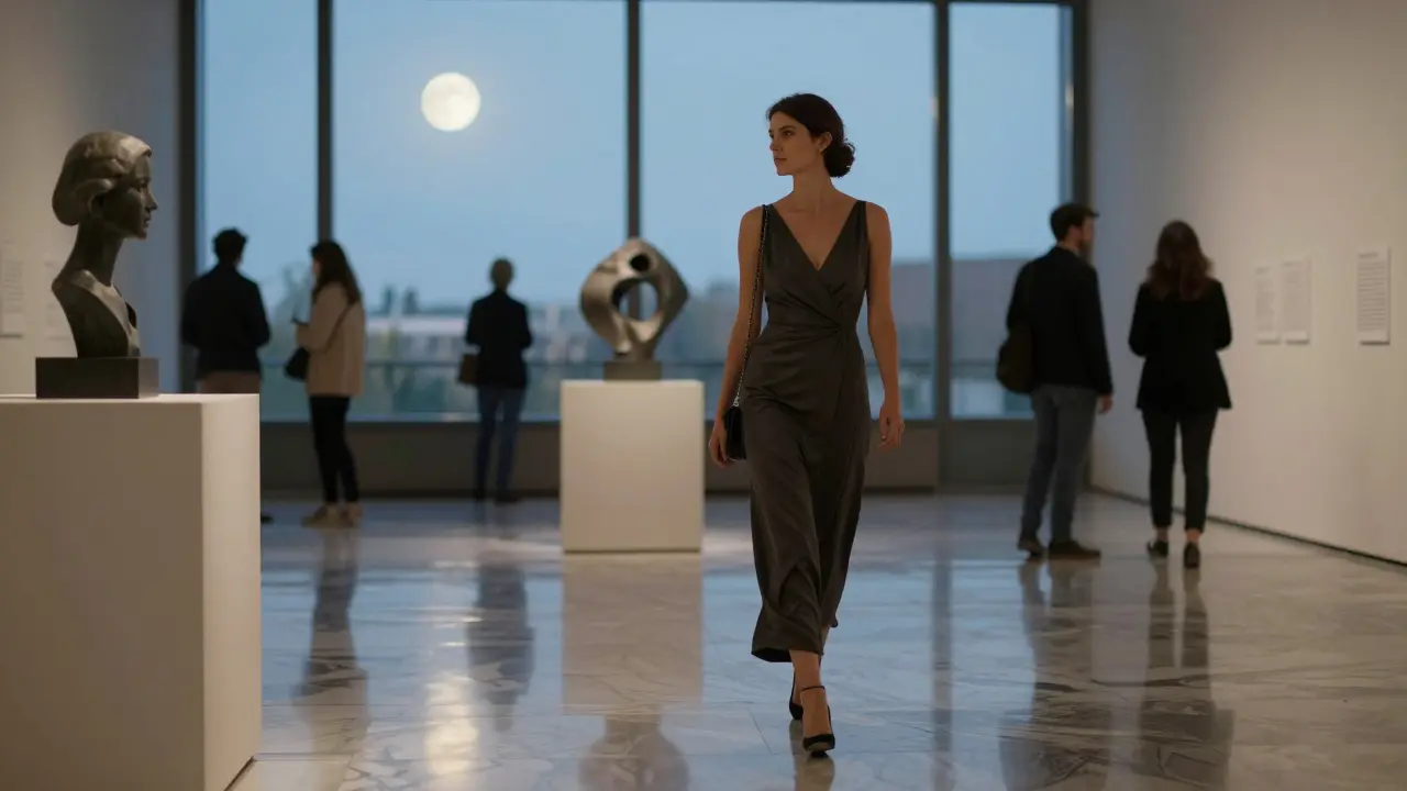 A professionally dressed woman pauses beside a sculpture in a quiet gallery, illuminated by moonlight.