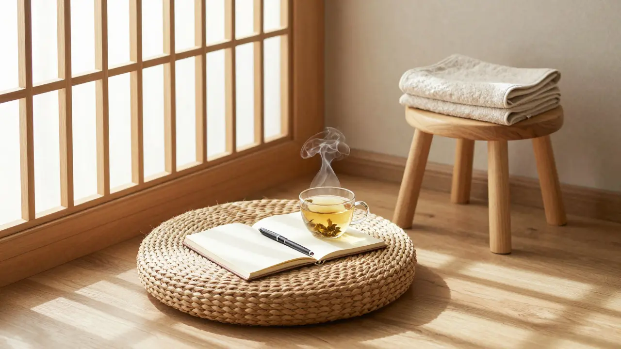A quiet meditation space with tea, an open journal, and a folded towel in natural morning light.