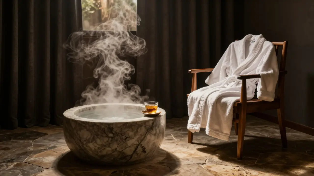 A serene spa room with heated stone floors, a robe and herbal tea resting nearby, soft light and steam conveying quiet ritual and solitude.