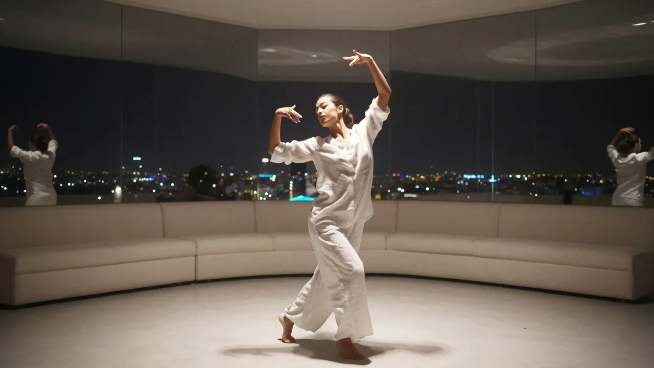 A solitary person dancing quietly under soft glowing lights in an all-white lounge.