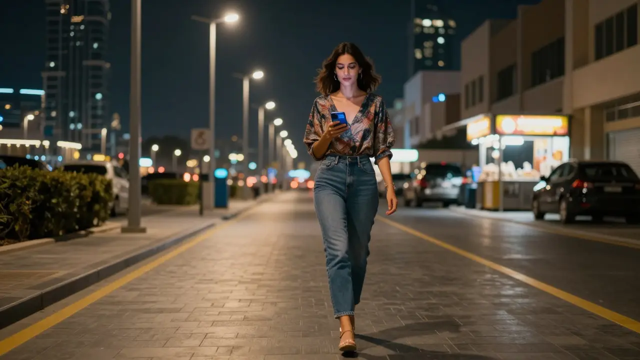 A solo woman walking confidently at night in Dubai, using a ride app under soft streetlights.
