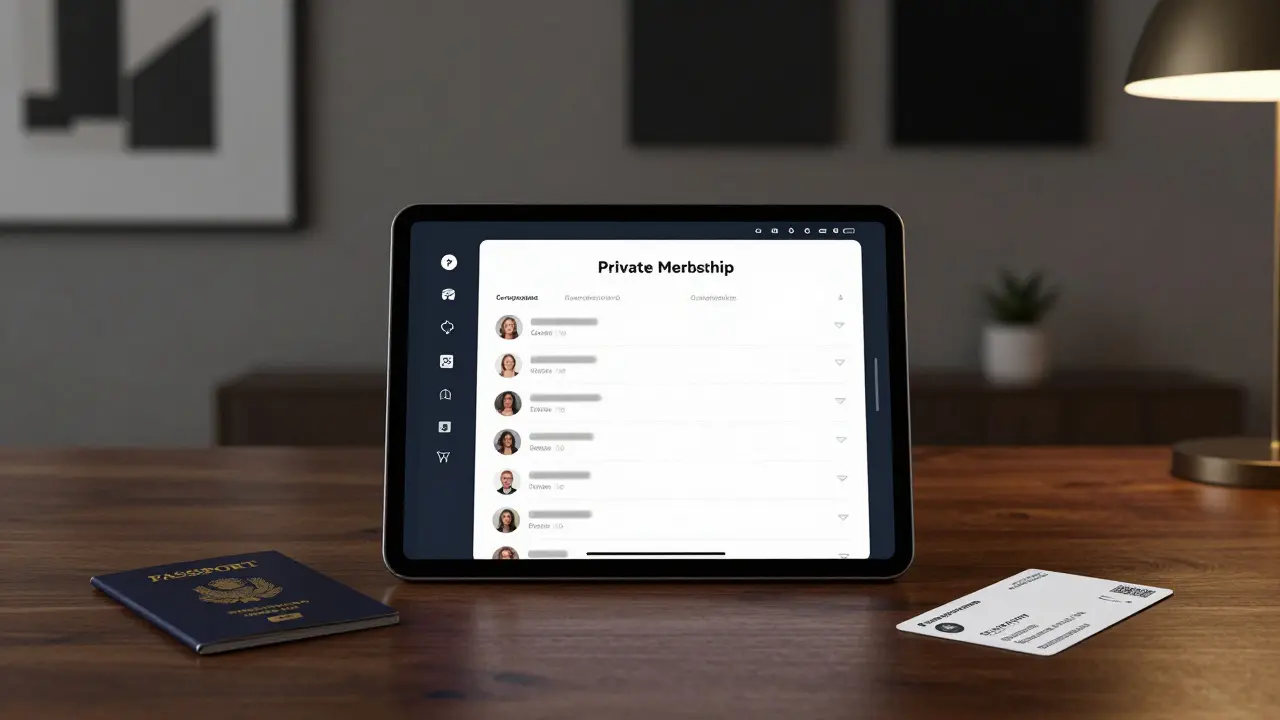 A tablet displays encrypted client profiles and documents on a mahogany desk in a discreet Dubai setting.