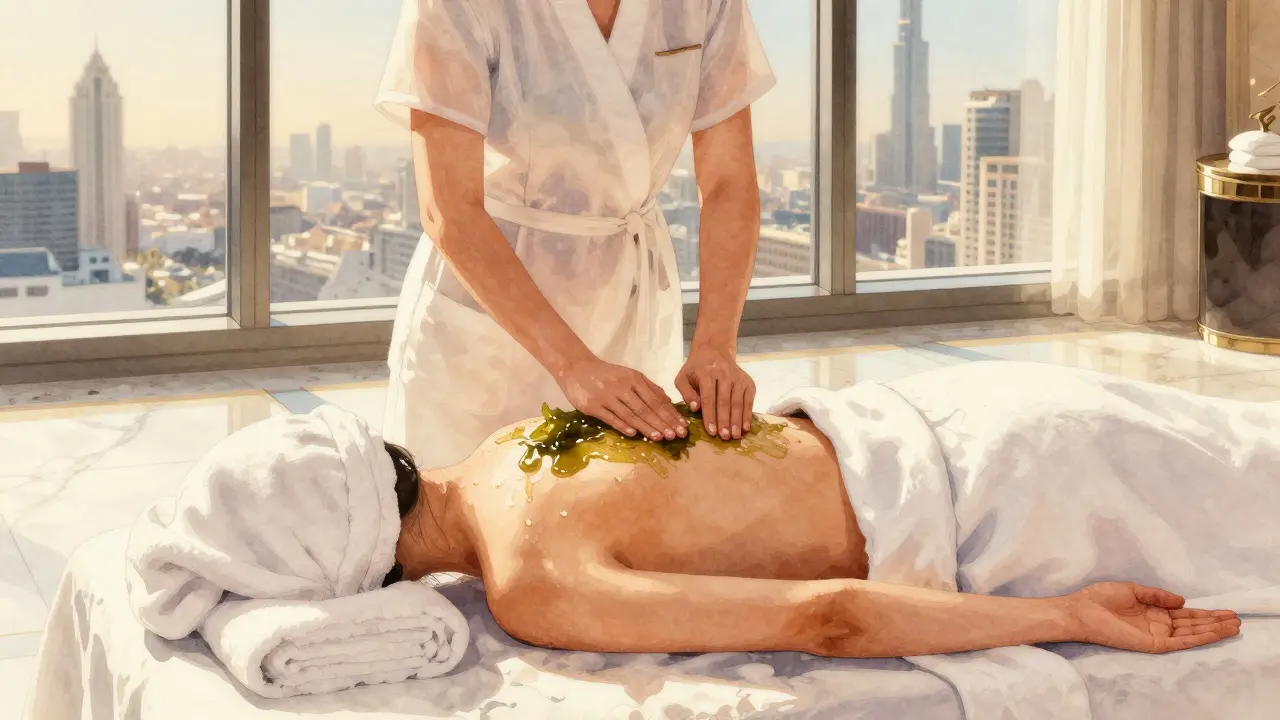 A therapist in a sheer suit performs a body glide on a client in a luxury hotel spa, golden light and marble floors, no faces shown.