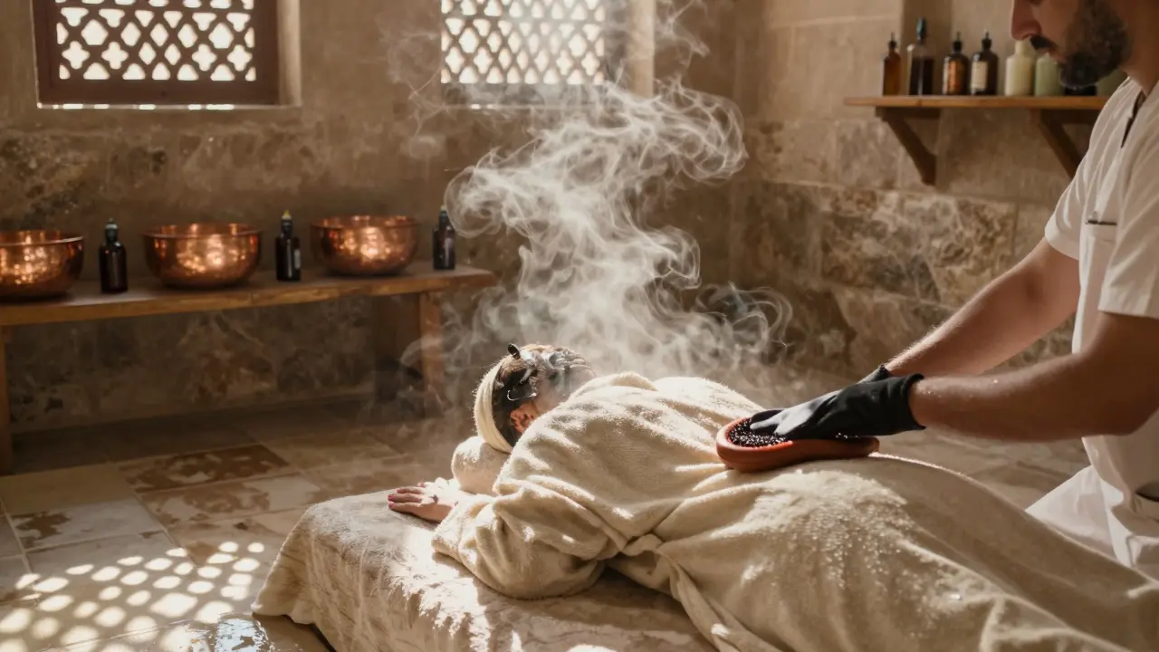 A traditional Arabic Hammam ritual with steam and stone walls, featuring gentle scrubbing and rosewater bottles.