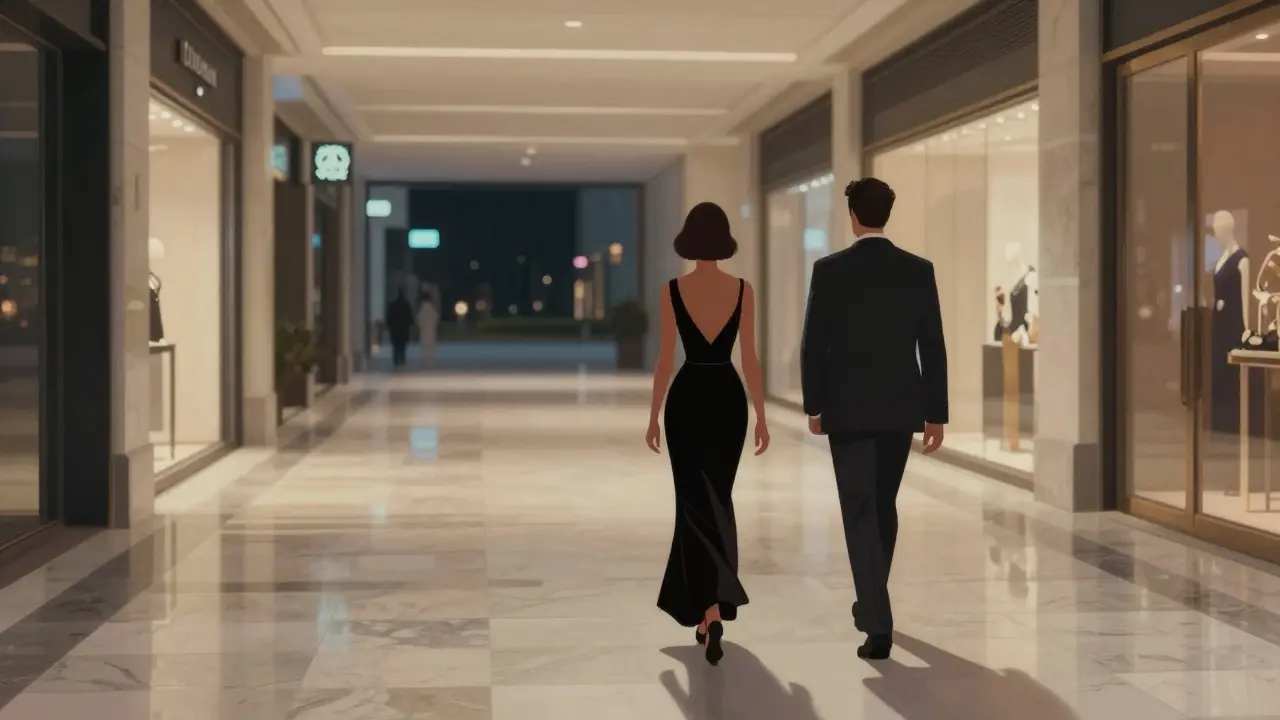 A well-dressed companion walks quietly beside a businessman through the empty, illuminated corridors of Dubai Mall at night.