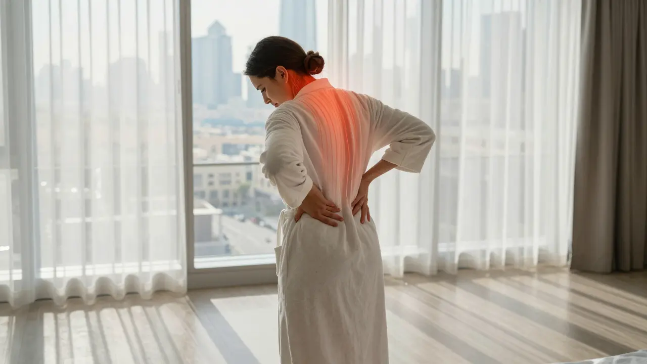A woman feeling relief after a massage, her tension fading as soft morning light highlights her relaxed posture.