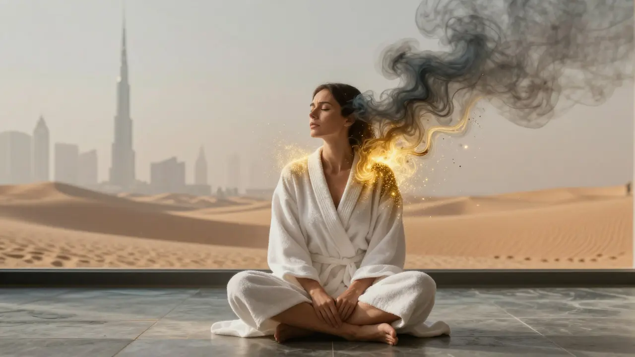 A woman releasing stress as dark smoke transforms into golden light in a serene spa environment.