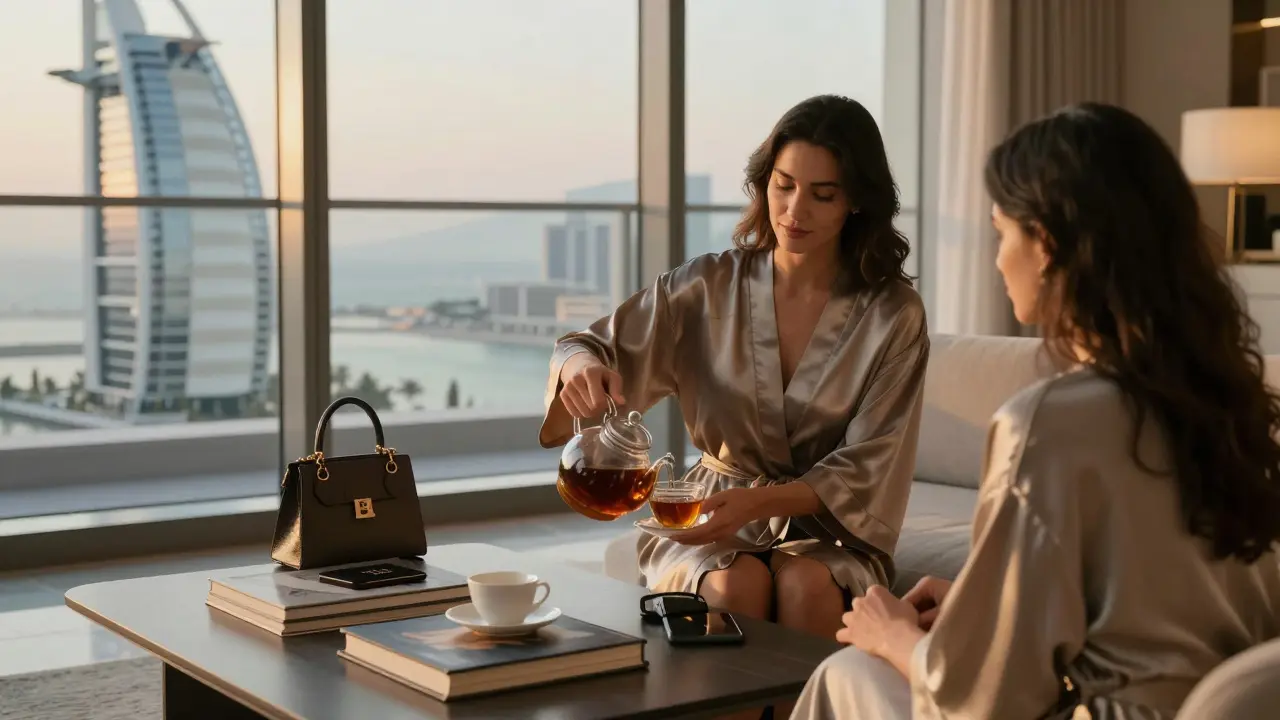 A woman serving tea to a guest in a luxurious Palm Jumeirah apartment, surrounded by books and soft light.