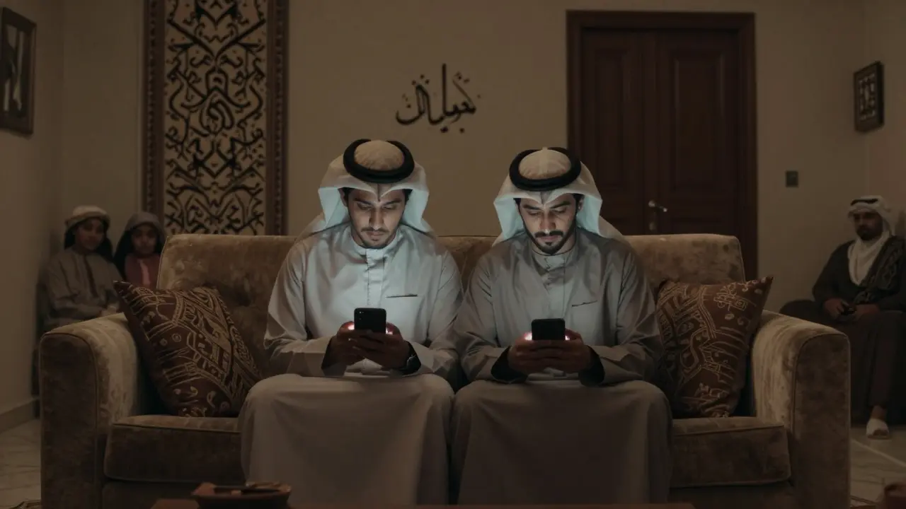 A young Emirati couple texts in a family home, surrounded by traditional decor, no physical contact.