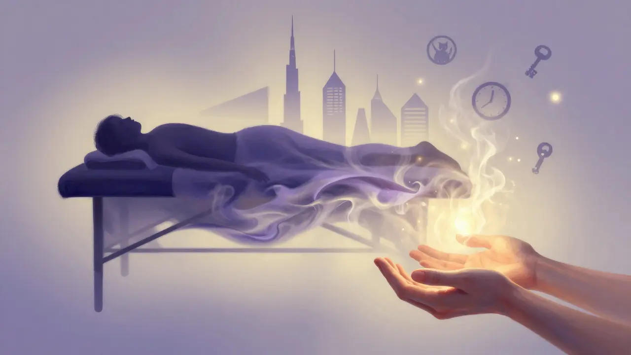 Abstract art showing stress dissolving into lavender smoke and golden light above Dubai&#039;s skyline.