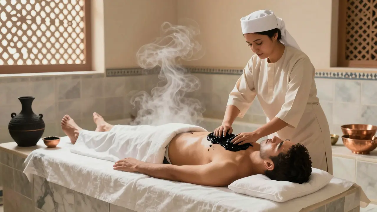 An Arabic Hammam ritual with steam, black soap, and marble surfaces in a traditional setting.