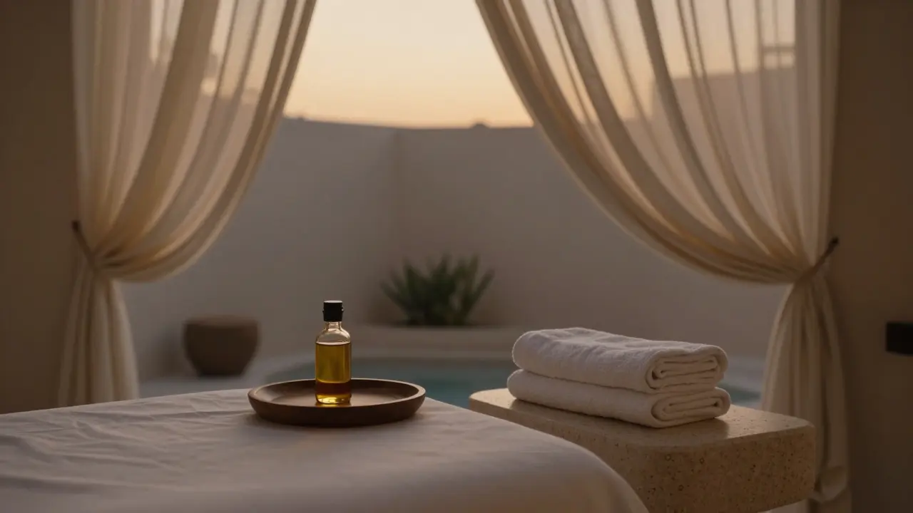 An empty, serene massage room in a Dubai villa with aromatic oil and draped towels, waiting in quiet anticipation.