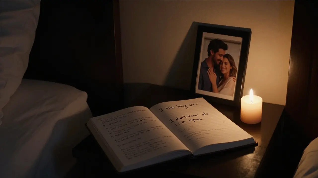 An open journal with emotional handwriting in a dim hotel room, a photo of a couple turned face-down beside a single candle.