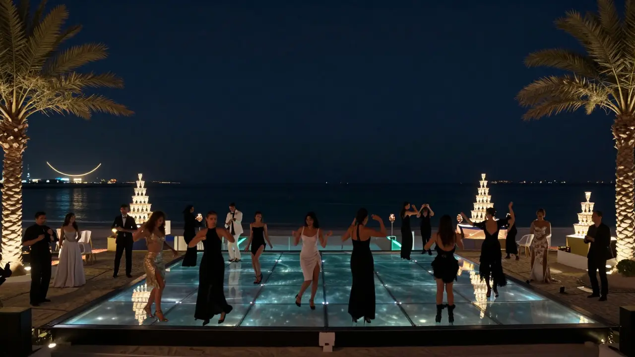 Beach club dance floor at night under stars, with glowing lights reflecting on water.