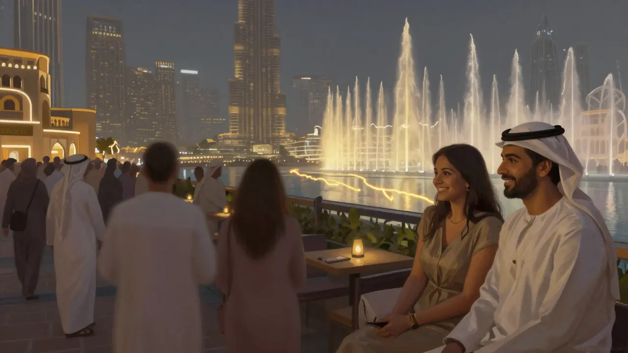 Contrast between crowded tourist chaos and peaceful companionship on a Dubai rooftop.