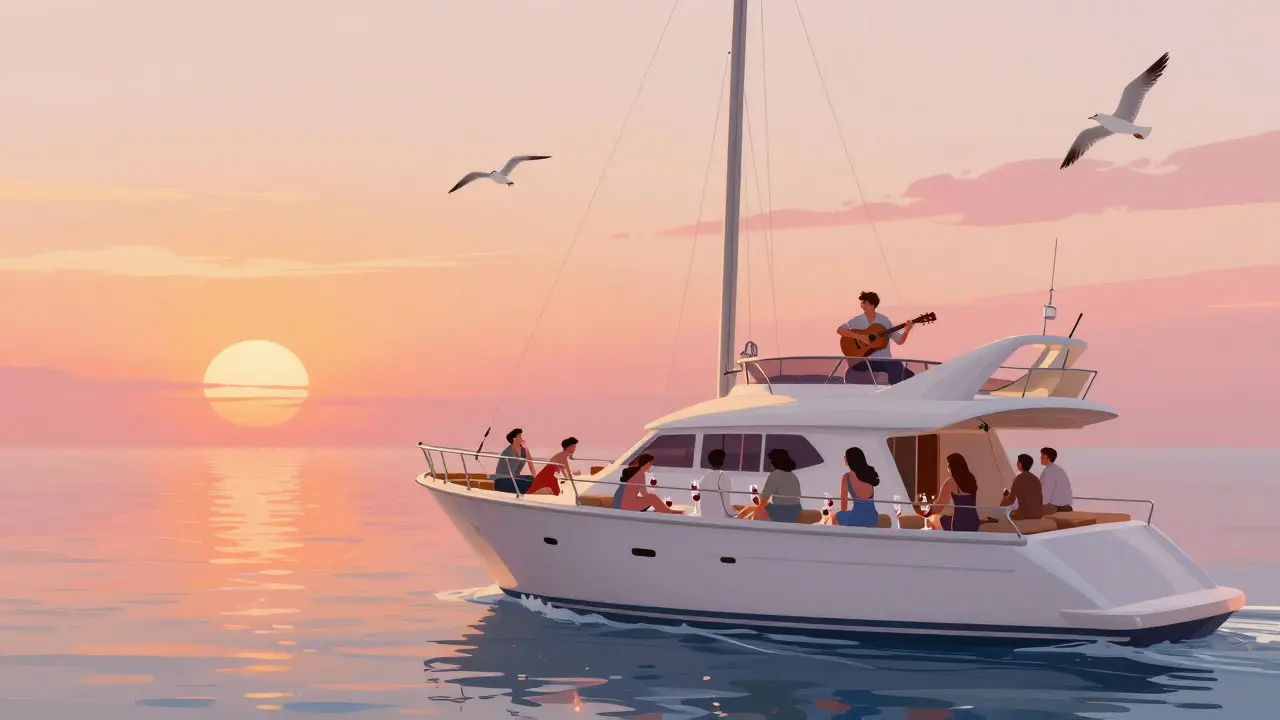 Couples lounging on a sunset cruise yacht with soft golden light on the water.