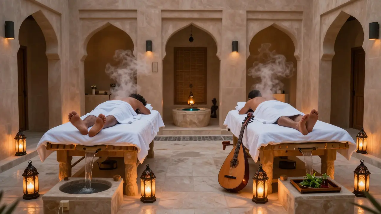 Couples receiving side-by-side massages in a tranquil Arabic courtyard at dusk.